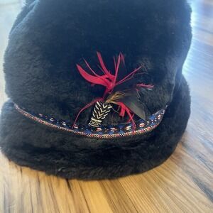 Vtg 50s 60s Bavarian Style Fur Mens Hat Feathers Black Sz XL Cosplay Costume